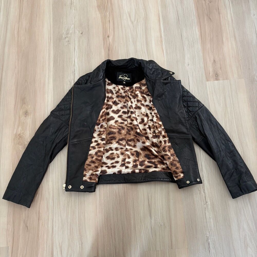 SAM EDELMAN Womans Black Leather Moto Jacket Gold Zipper Coat Jacket Size Medium - Picture 2 of 9